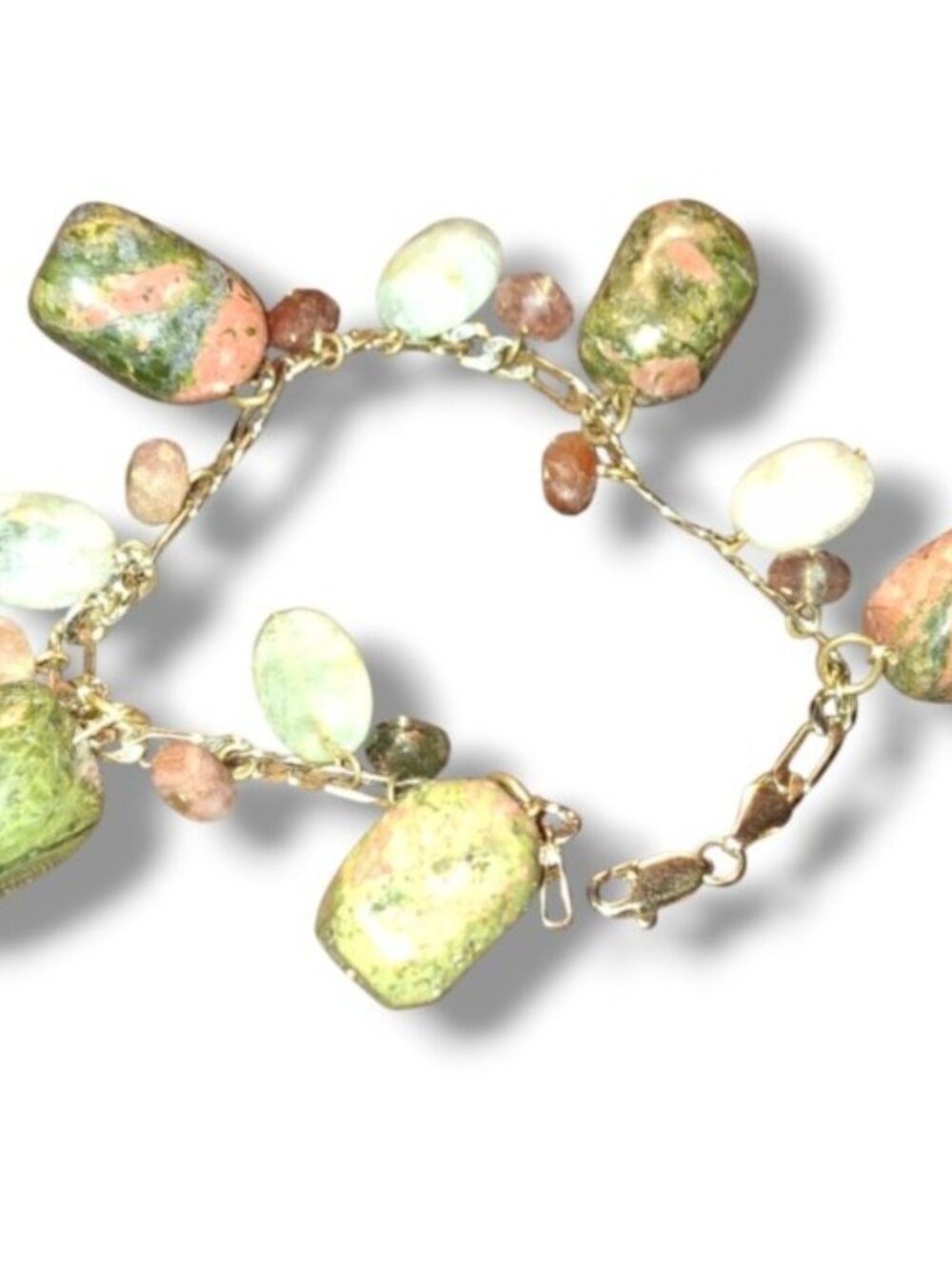 Unakite rutilated quartz Gemstone Charm Bracelet Gold Tone Chain